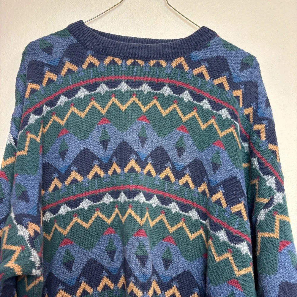 Vintage Mens Large L Cotton Geometric Knit Sweater USA Grandpa Eclectic‎ Blue